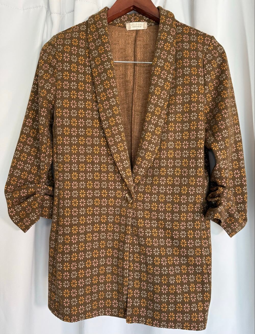 Altar’d State Brown Daisy Print Stretch Knit Blazer Small Retro 70s Office